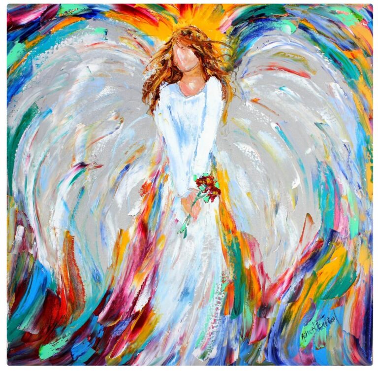 abstract painting of an angel in white, holding roses on multi-colored background