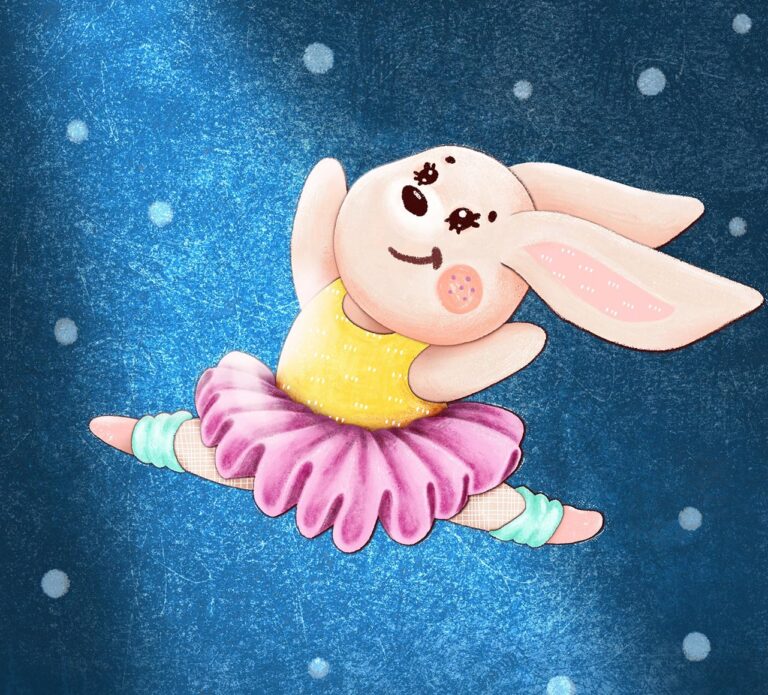 cartoon bunny girl in ballerina skirt under spotlight