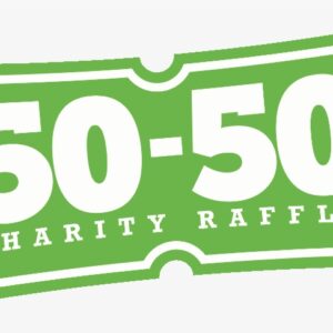 An animated image of a ticket stub that reads "50-50 Charity Raffle"