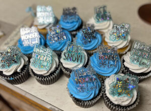 Chocolate Cupcakes decorated in blue and white icing with toppers that read "let it snow" and "winter wonderland" at the winter gala in region 1, Texas, december 2023