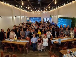 Group photo of all 50 students at the Winter Gala for region 1. Decorated as a winter wonderland.