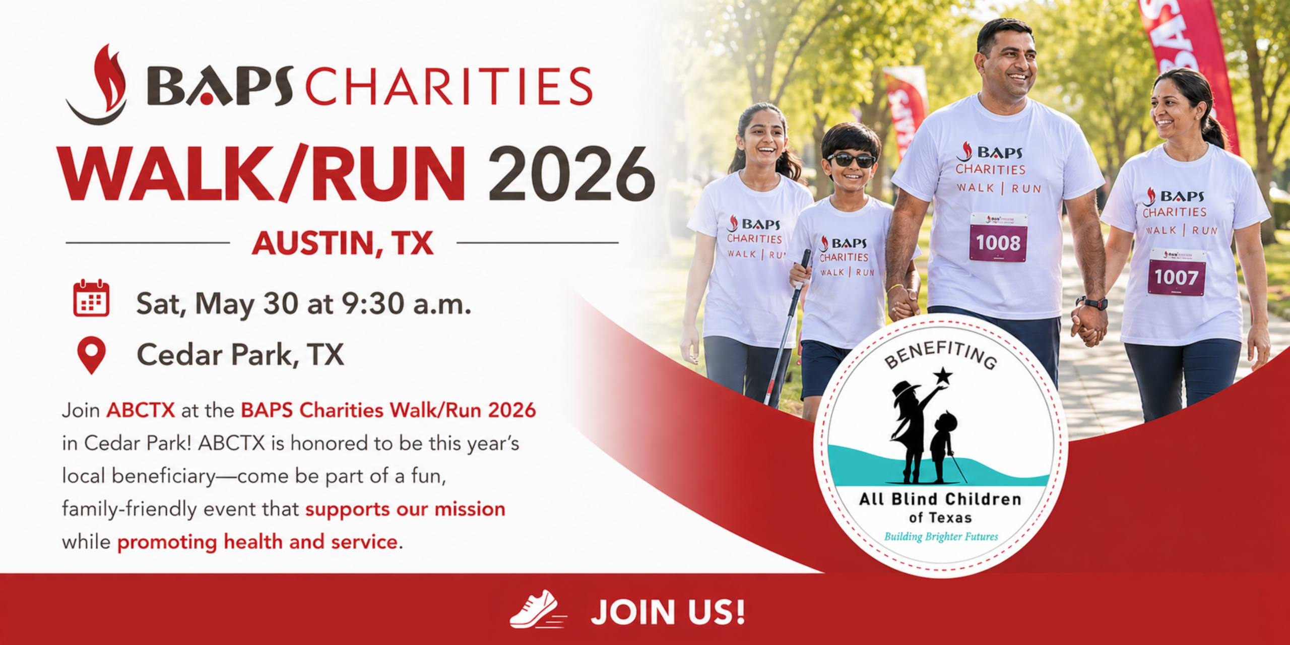 Promotional banner for the BAPS Charities Walk/Run 2026 in Austin, Texas, showing event details alongside a family walking together, including a child using a white cane. The event benefits All Blind Children of Texas and includes the date, time, and location in Cedar Park.