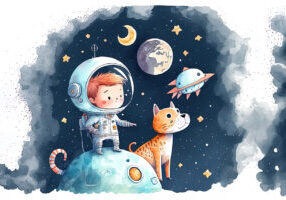 Animals and young astronaut go on space excursion with a bright moon, stars, and clouds