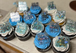 Chocolate Cupcakes decorated in blue and white icing with toppers that read "let it snow" and "winter wonderland" at the winter gala in region 1, Texas, december 2023