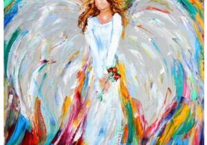 abstract painting of an angel in white, holding roses on multi-colored background