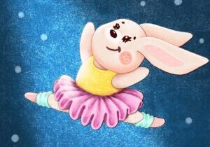 cartoon bunny girl in ballerina skirt under spotlight